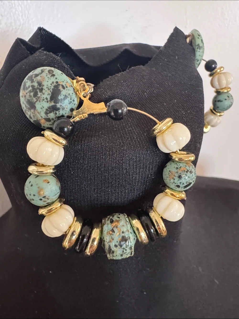 Vintage Gold Hoop Earrings with Speckled Green and Cream Beads